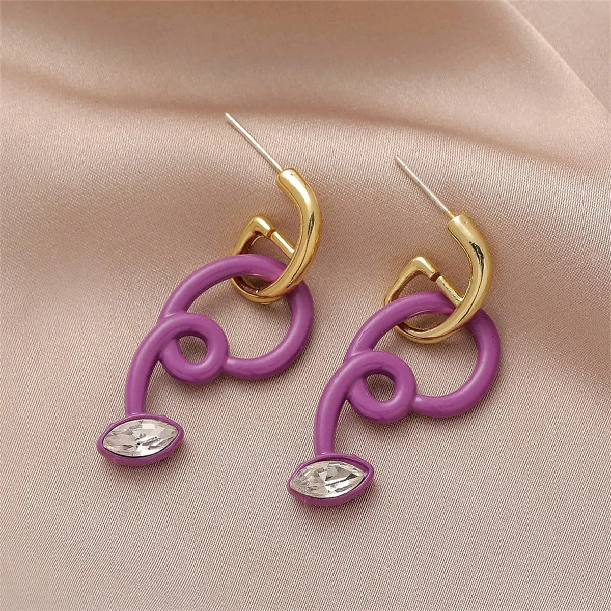 Purple Acrylic & Crystal Spring Drop Earrings