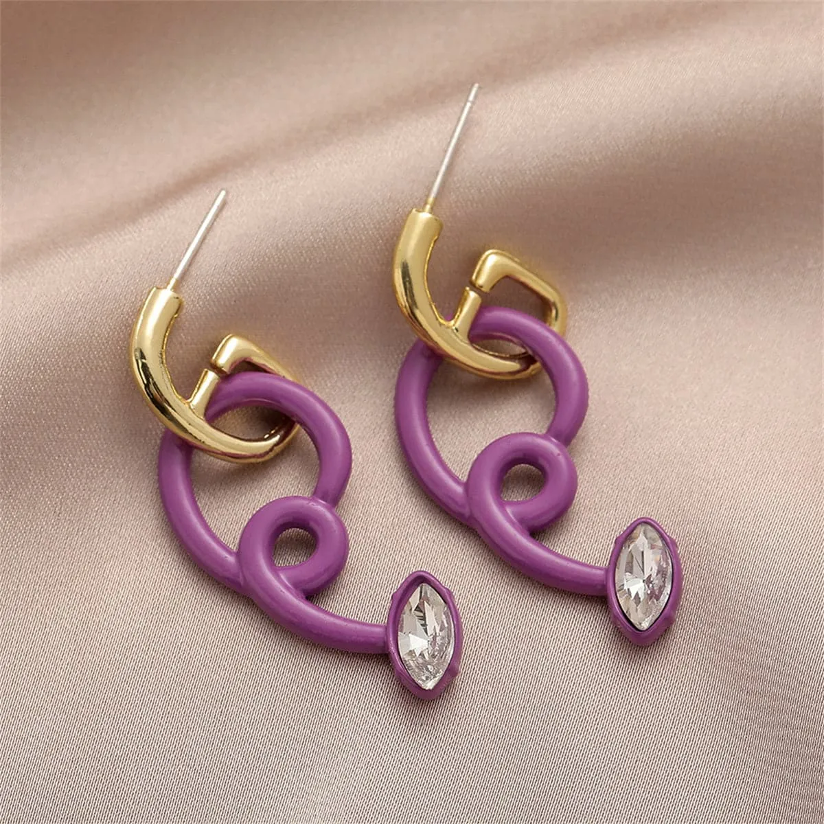 Purple Acrylic & Crystal Spring Drop Earrings