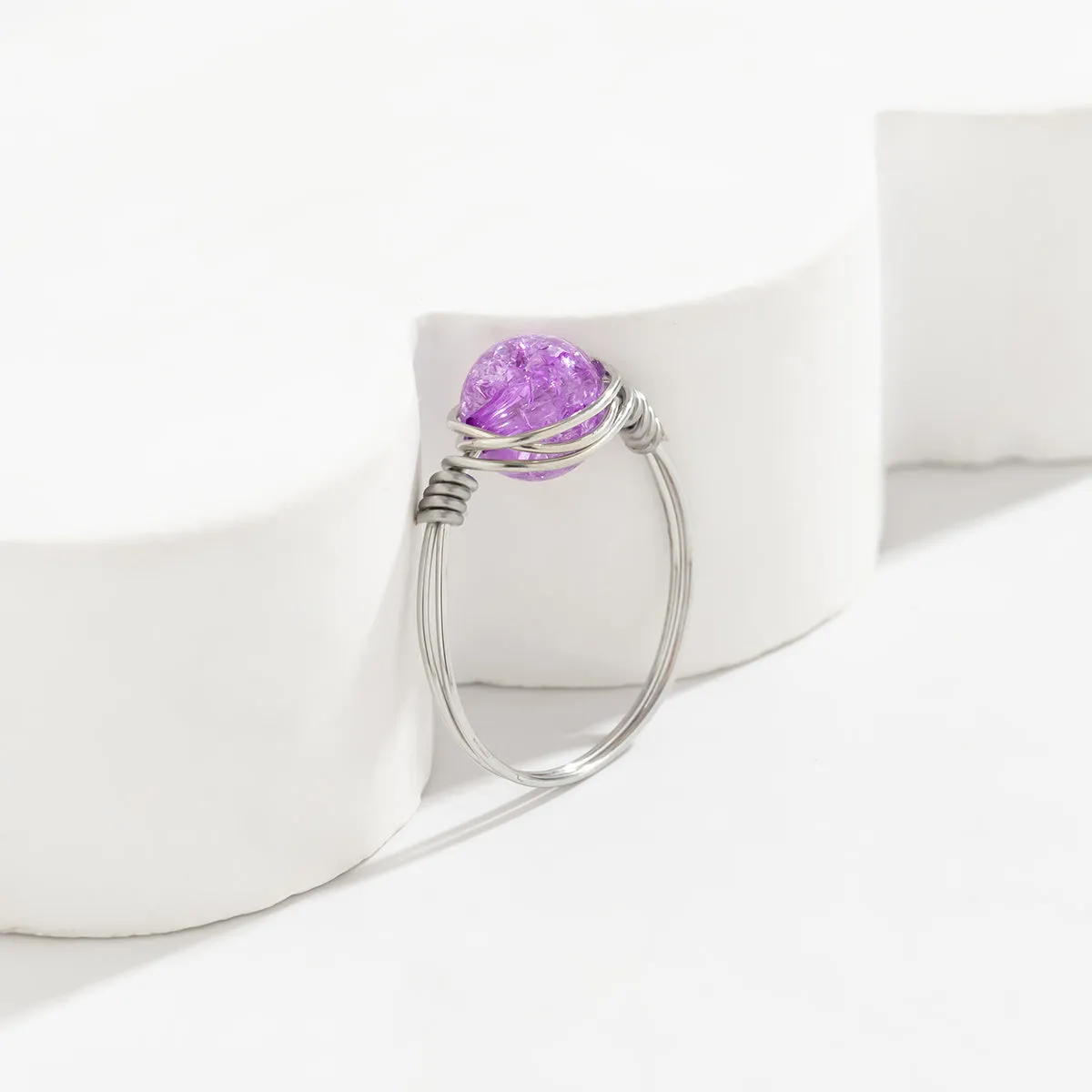 Purple Acrylic & Silver-Plated Wire-Wrapped Ball Ring