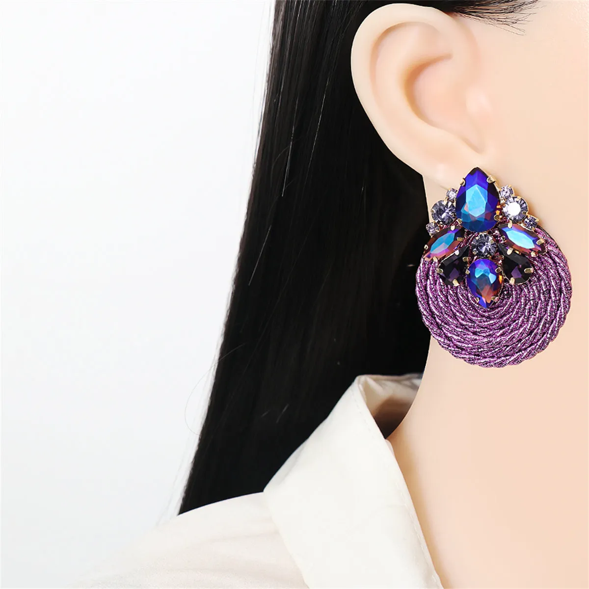 Purple & Blue Crystal Round Rope Drop Earrings