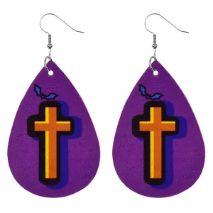 Purple & Orange Cross & Bat Teardrop Drop Earrings
