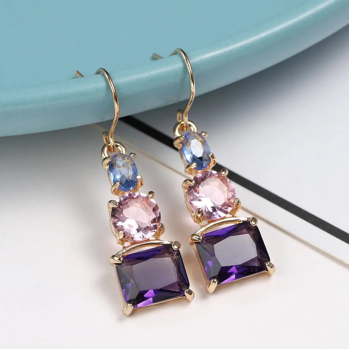 Purple Crystal & 18K Gold Plated Square Drop Earrings