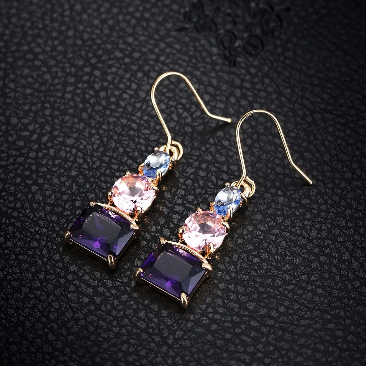 Purple Crystal & 18K Gold Plated Square Drop Earrings