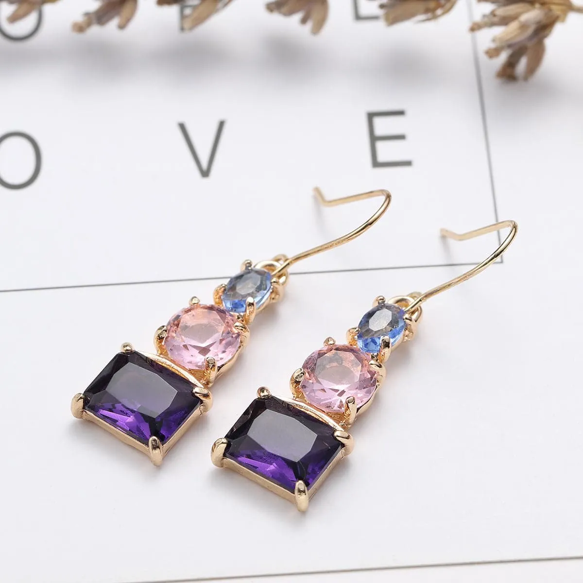 Purple Crystal & 18K Gold Plated Square Drop Earrings