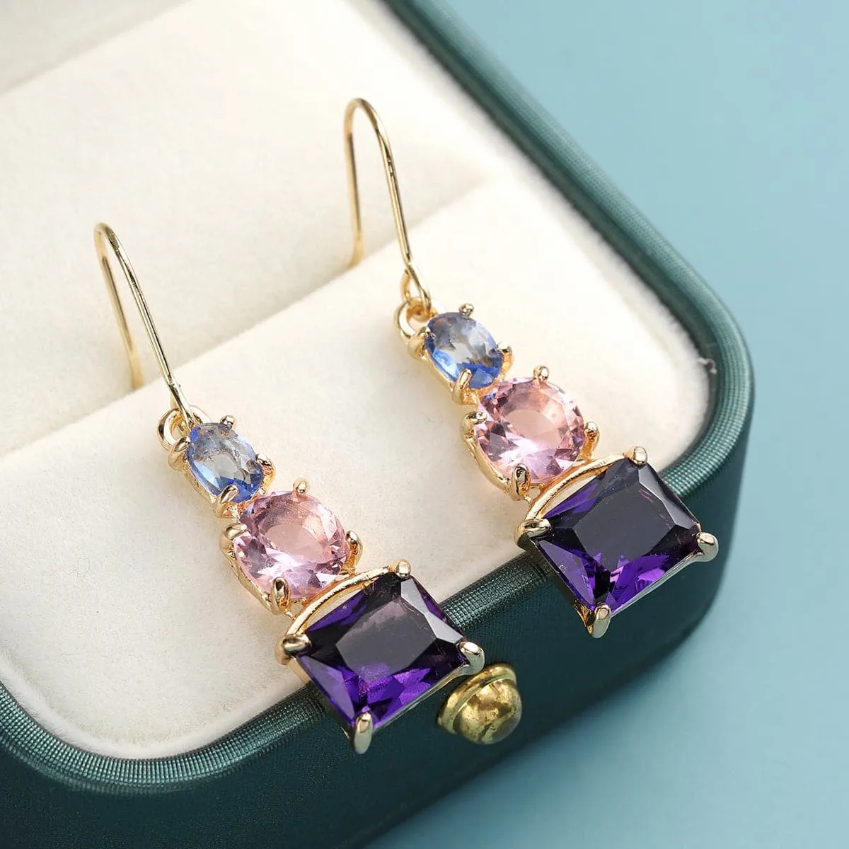 Purple Crystal & 18K Gold Plated Square Drop Earrings