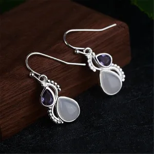 Purple Crystal & Cat's Eye Silver-Plated Pear-Cut Textured Drop Earrings