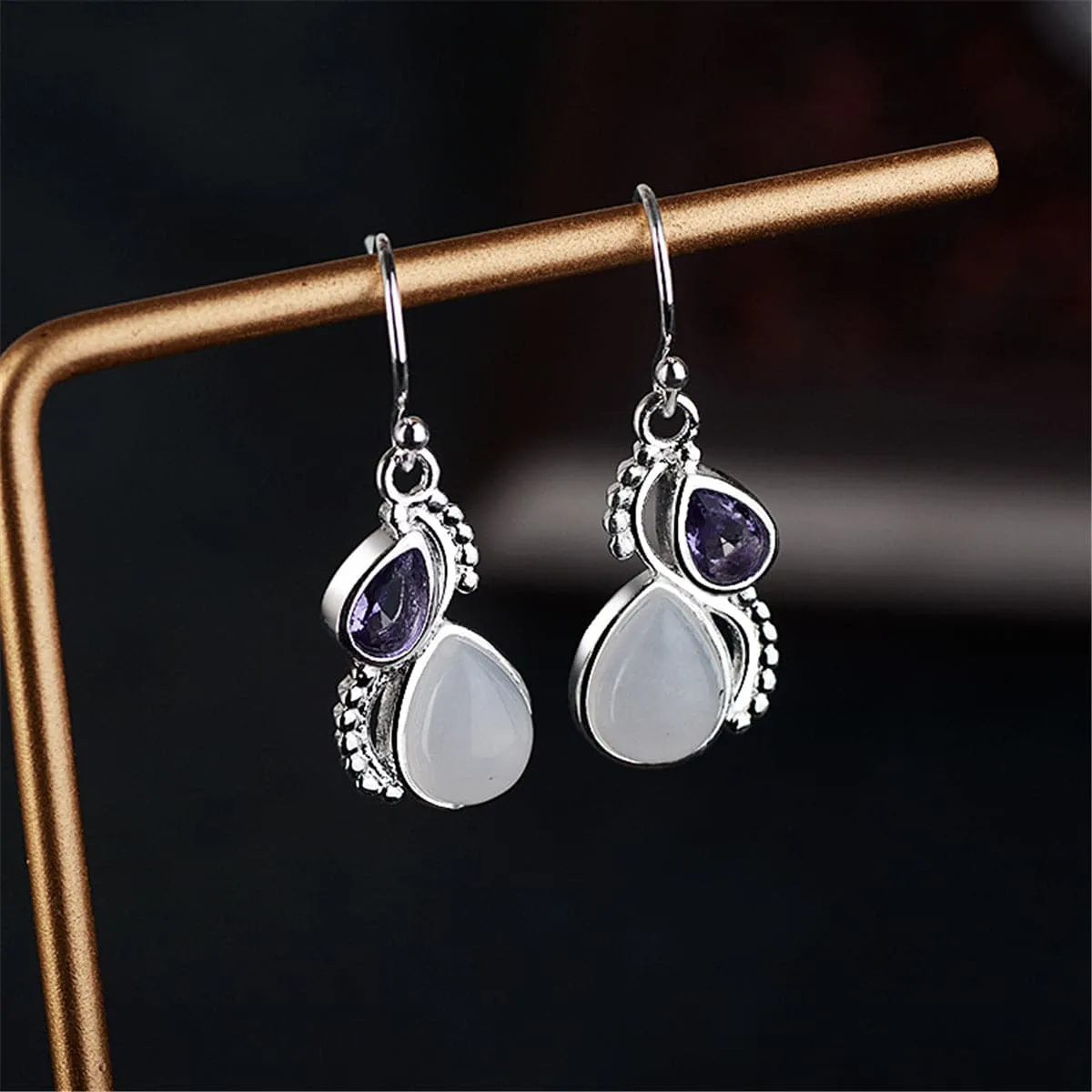 Purple Crystal & Cat's Eye Silver-Plated Pear-Cut Textured Drop Earrings