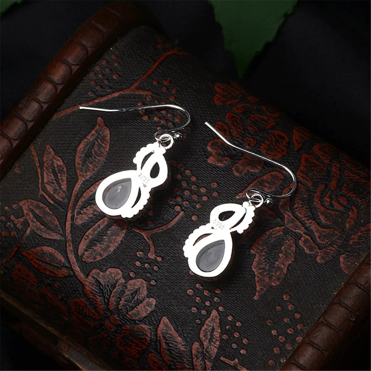 Purple Crystal & Cat's Eye Silver-Plated Pear-Cut Textured Drop Earrings
