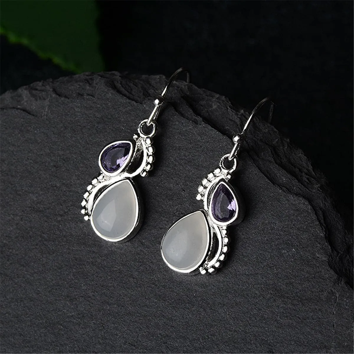 Purple Crystal & Cat's Eye Silver-Plated Pear-Cut Textured Drop Earrings