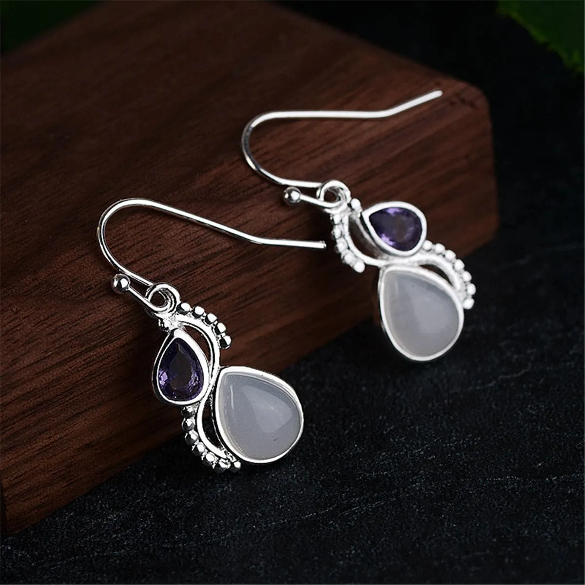 Purple Crystal & Cat's Eye Silver-Plated Pear-Cut Textured Drop Earrings