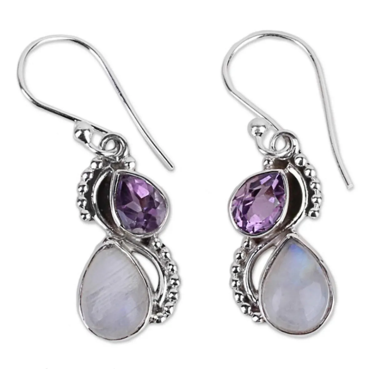 Purple Crystal & Cat's Eye Silver-Plated Pear-Cut Textured Drop Earrings