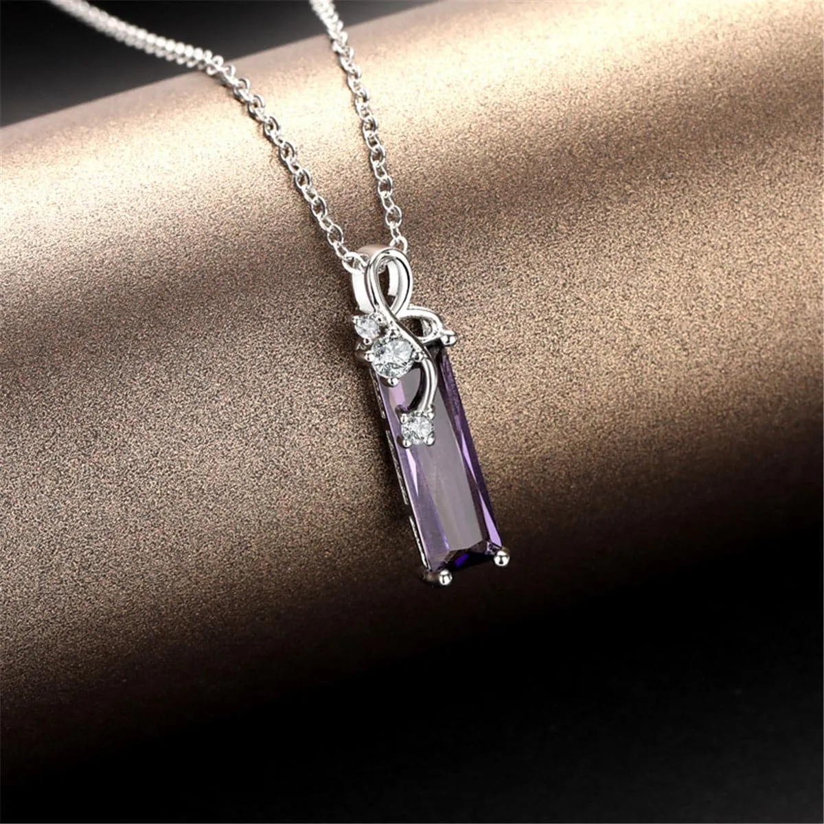 Purple Crystal & Cubic Zirconia Rectangle Pendant Necklace