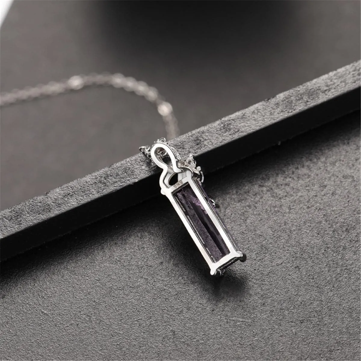 Purple Crystal & Cubic Zirconia Rectangle Pendant Necklace