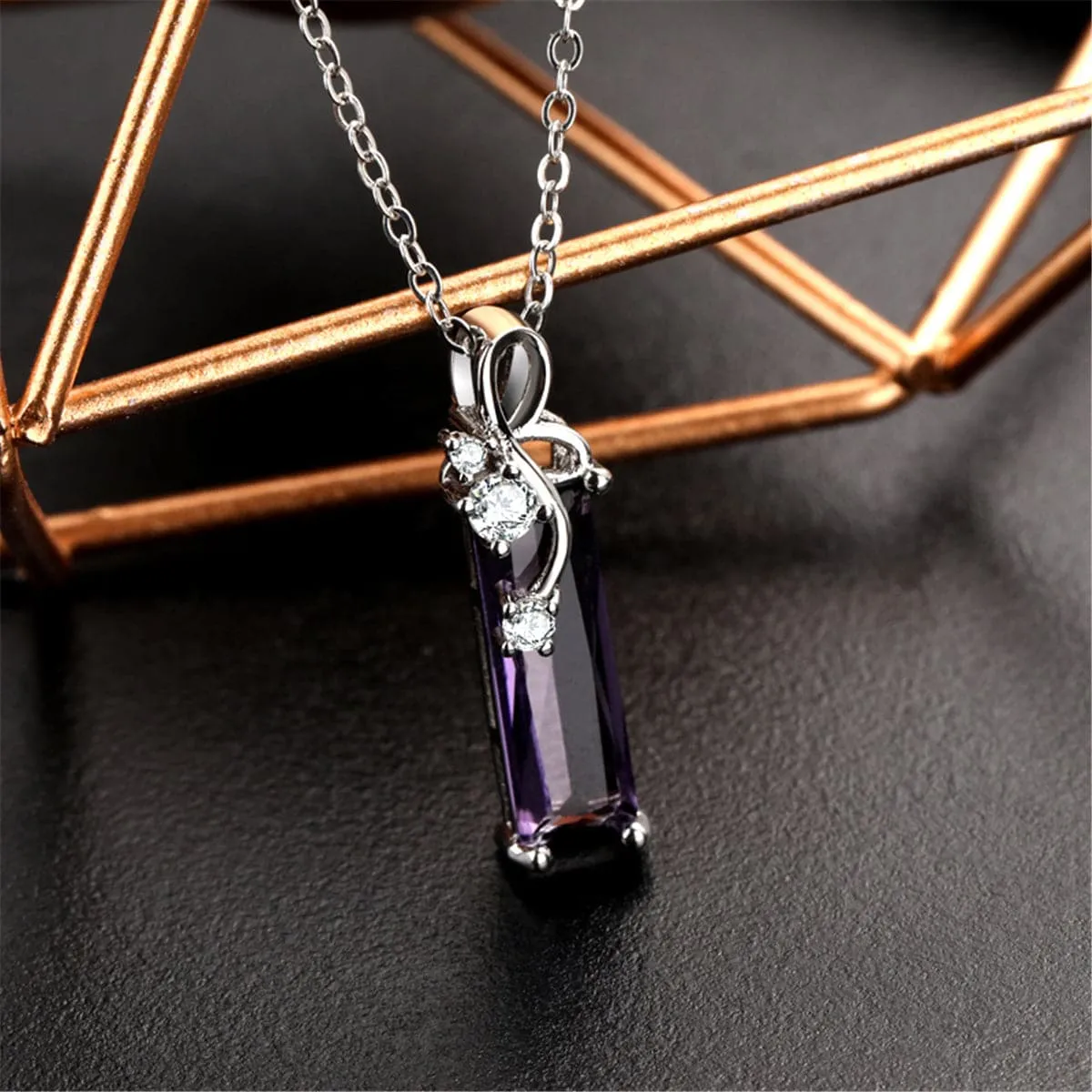 Purple Crystal & Cubic Zirconia Rectangle Pendant Necklace