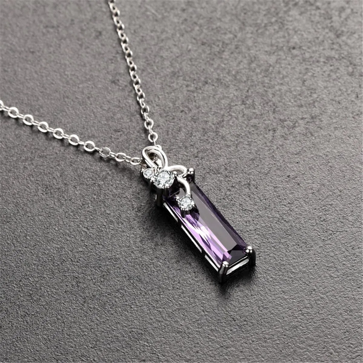 Purple Crystal & Cubic Zirconia Rectangle Pendant Necklace