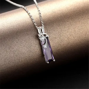 Purple Crystal & Cubic Zirconia Rectangle Pendant Necklace