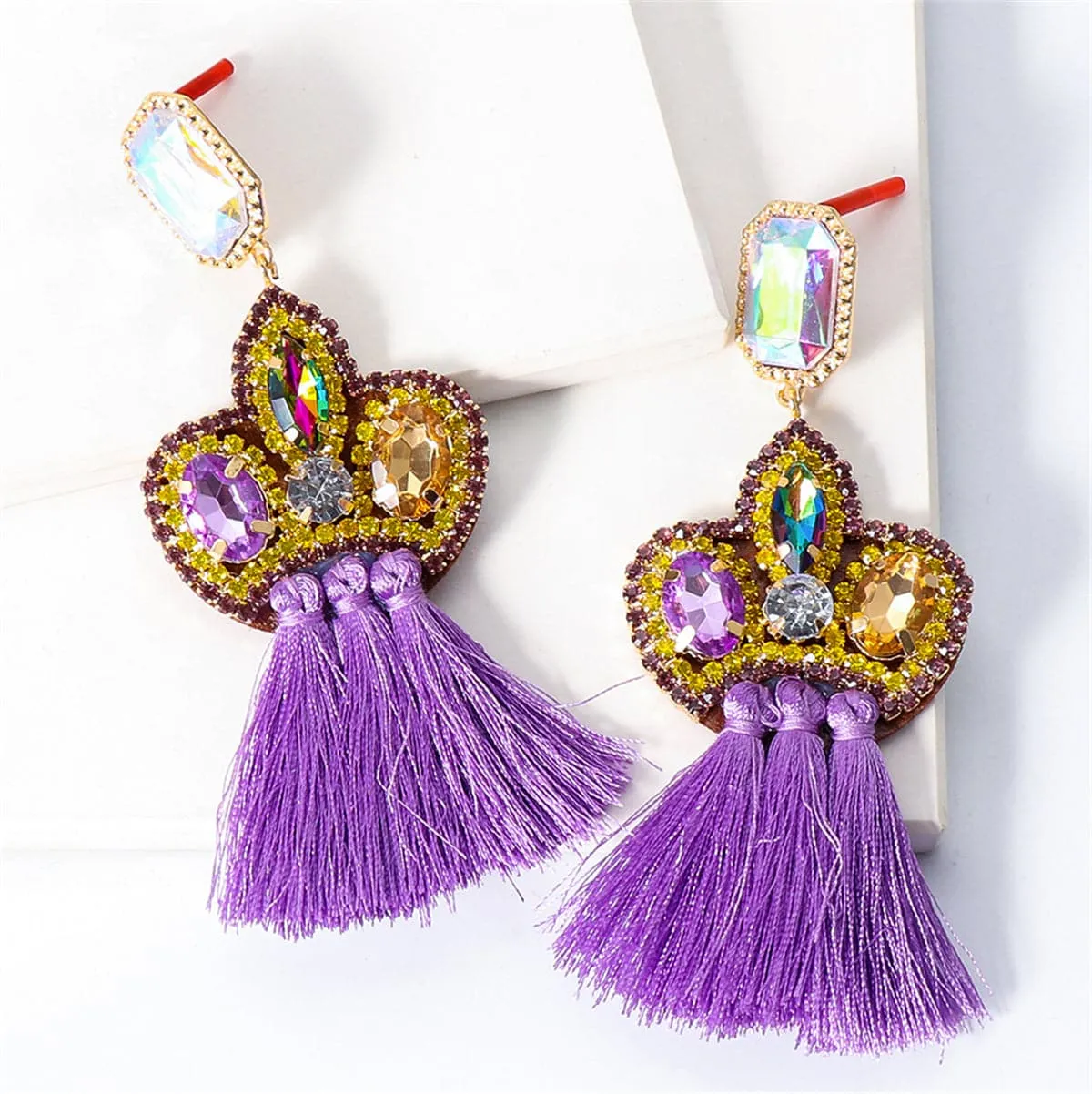 Purple Crystal & Cubic Zirconia Tassel Drop Earrings