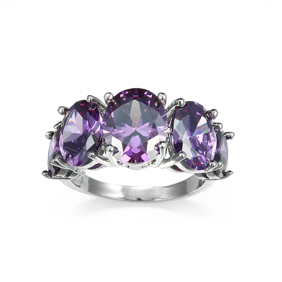 Purple Crystal & Silver-Plated Five-Stone Oval Ring