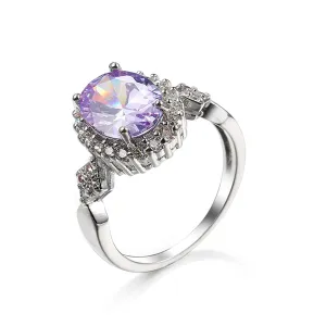 Purple Cubic Zirconia & Crystal Halo Oval Ring