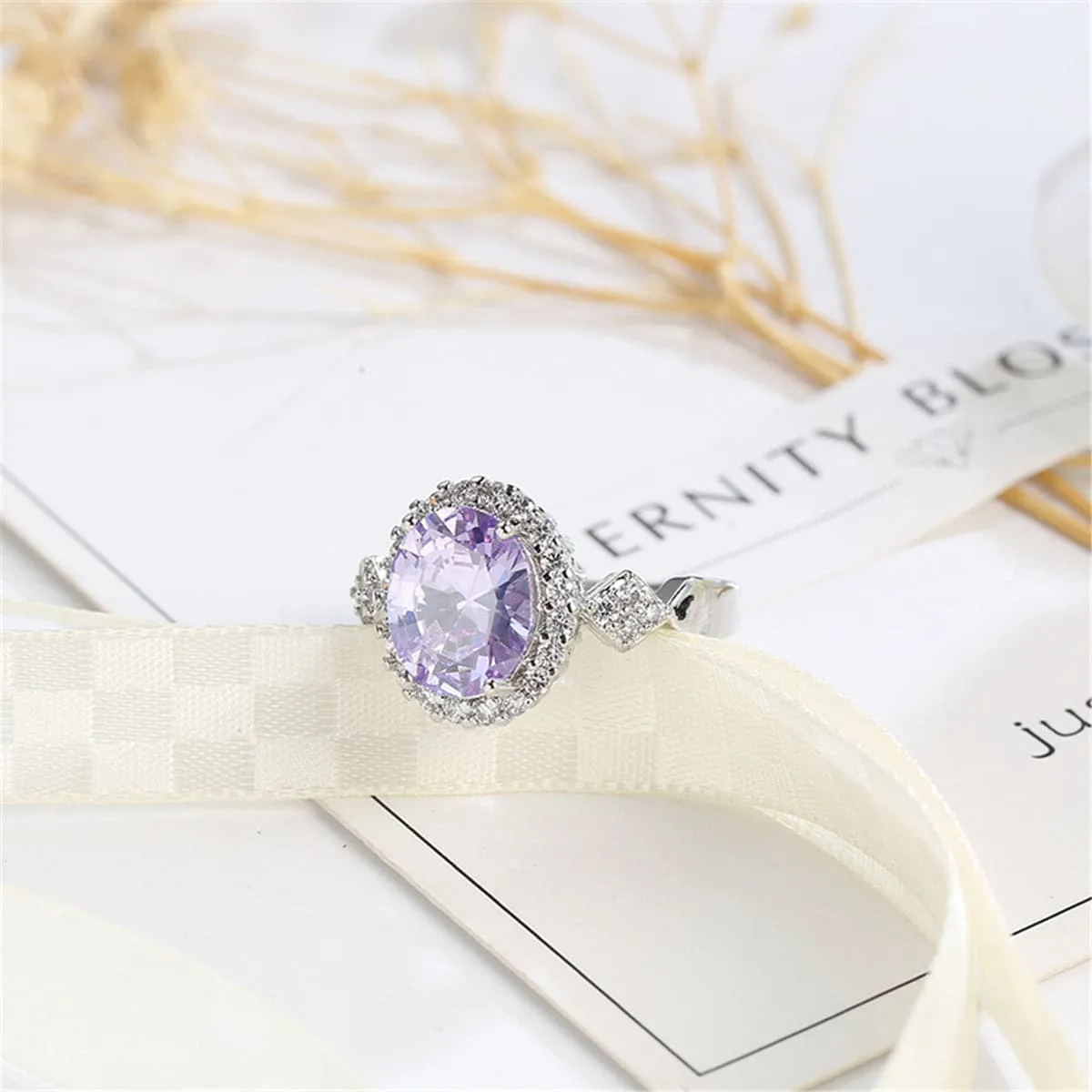 Purple Cubic Zirconia & Crystal Halo Oval Ring