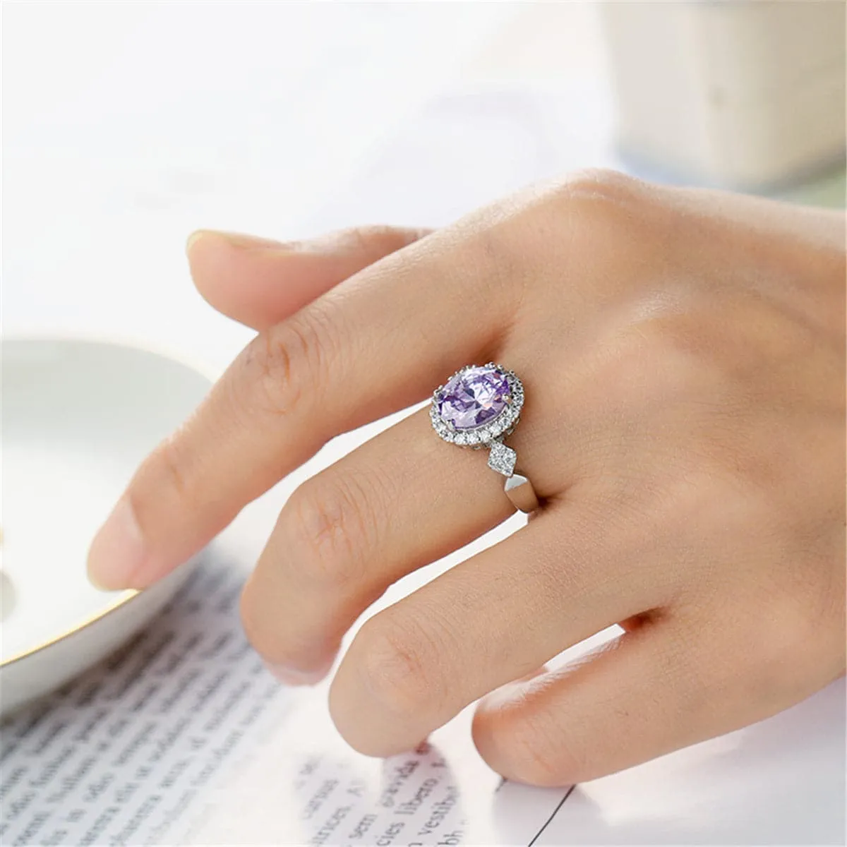 Purple Cubic Zirconia & Crystal Halo Oval Ring