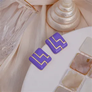 Purple Enamel & 18K Gold-Plated Geo Square Stud Earrings