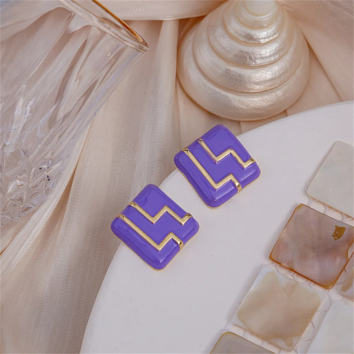 Purple Enamel & 18K Gold-Plated Geo Square Stud Earrings