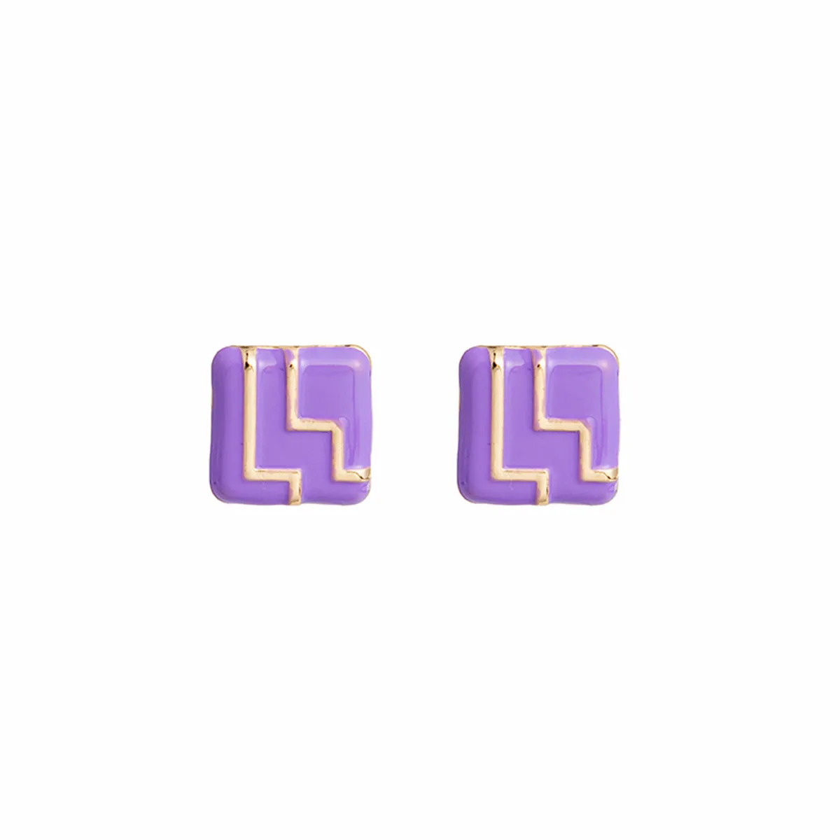Purple Enamel & 18K Gold-Plated Geo Square Stud Earrings
