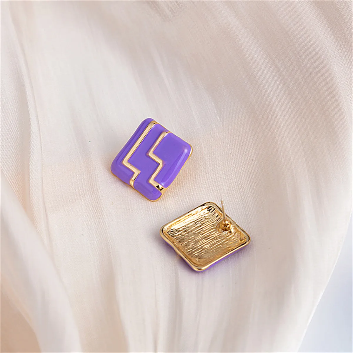 Purple Enamel & 18K Gold-Plated Geo Square Stud Earrings