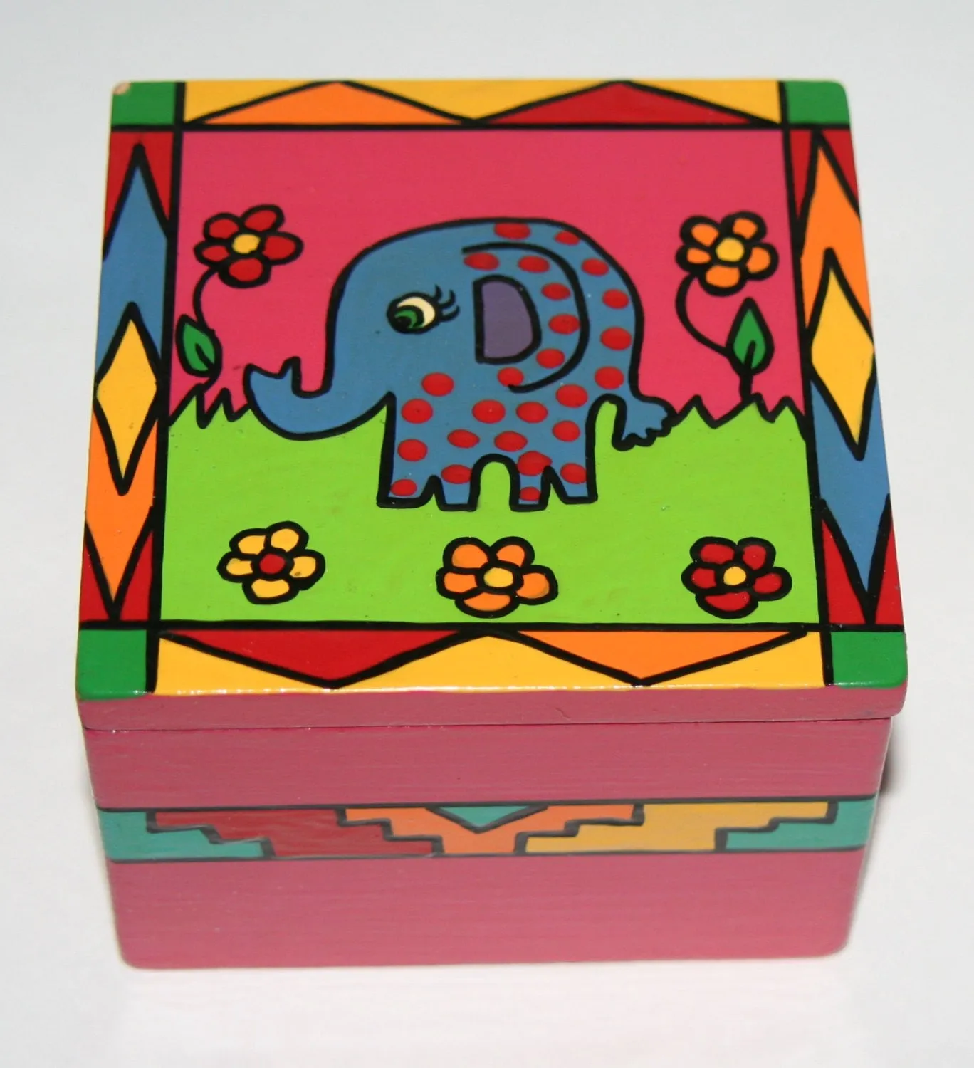 Purple Polka Dot Elephant Wood Box Vibrant Colors African Folk Art 4"W X 4"D X 3"H