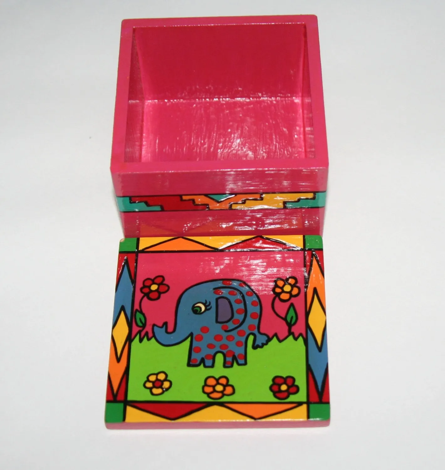 Purple Polka Dot Elephant Wood Box Vibrant Colors African Folk Art 4"W X 4"D X 3"H