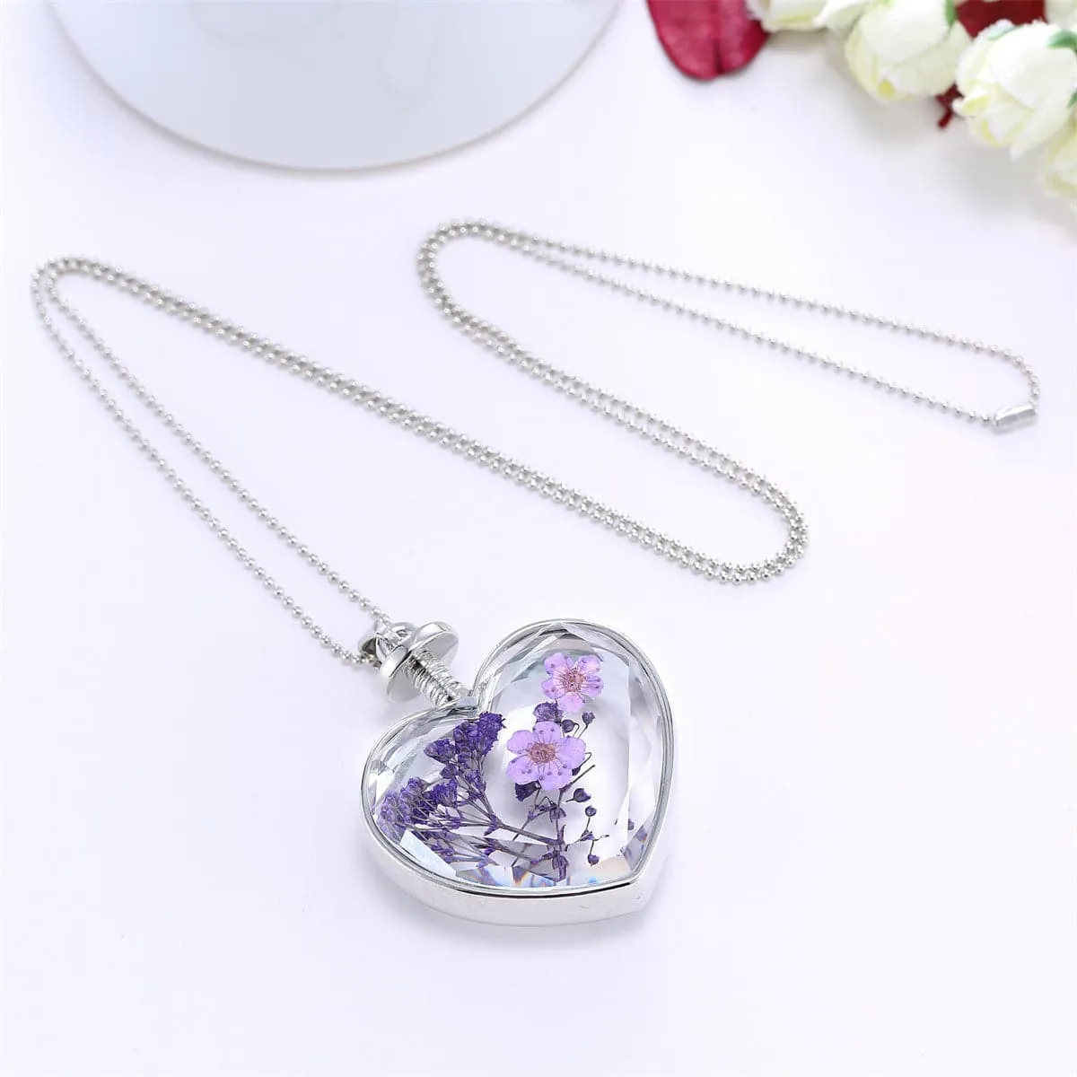 Purple Pressed Peach Blossom & Silver-Plated Heart Pendant Necklace