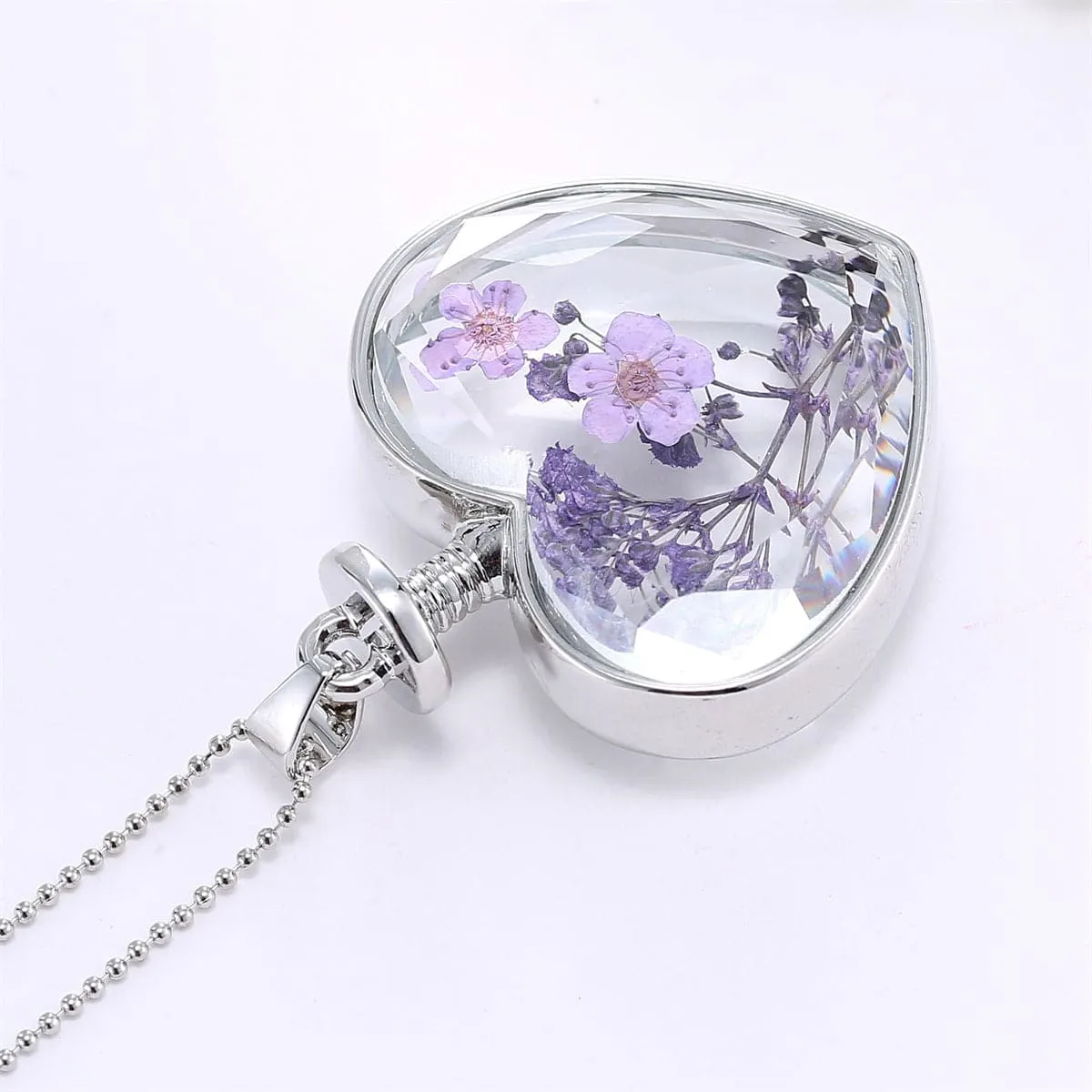 Purple Pressed Peach Blossom & Silver-Plated Heart Pendant Necklace