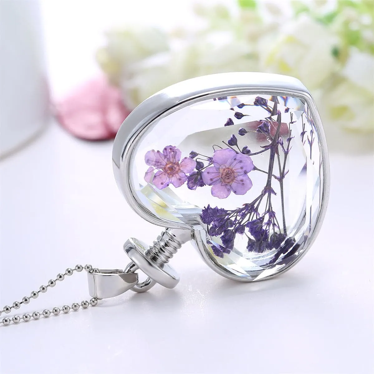Purple Pressed Peach Blossom & Silver-Plated Heart Pendant Necklace