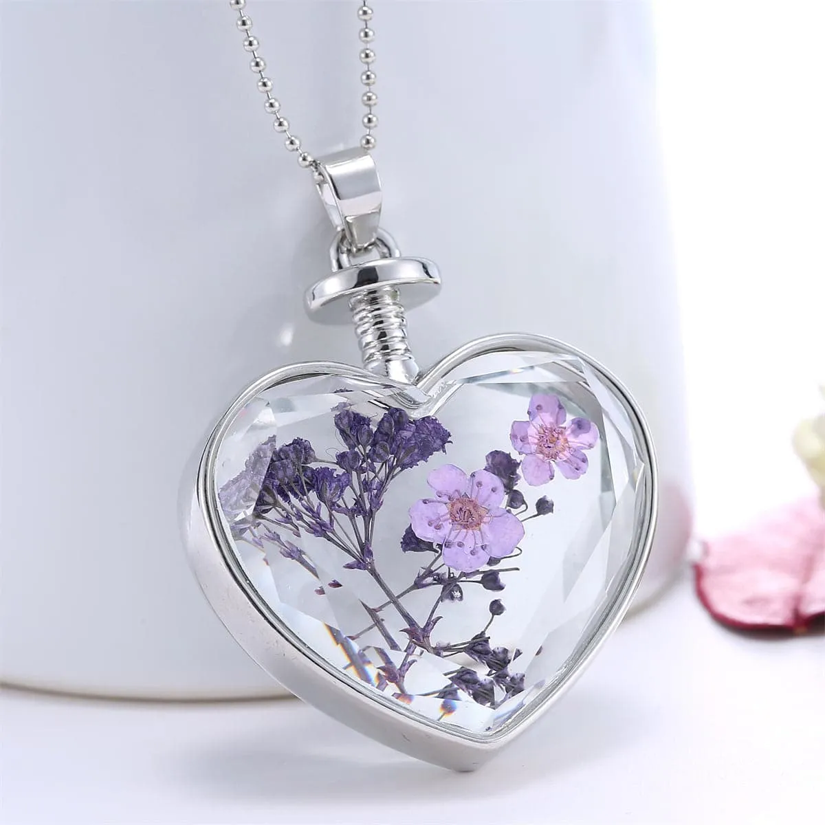 Purple Pressed Peach Blossom & Silver-Plated Heart Pendant Necklace