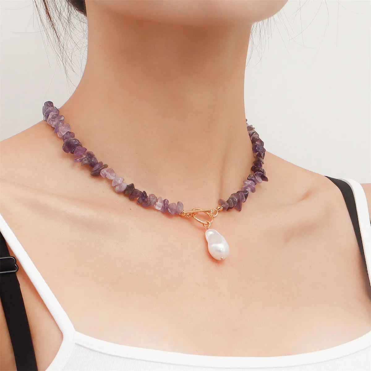 Purple Resin & Pearl Drop Toggle Necklace