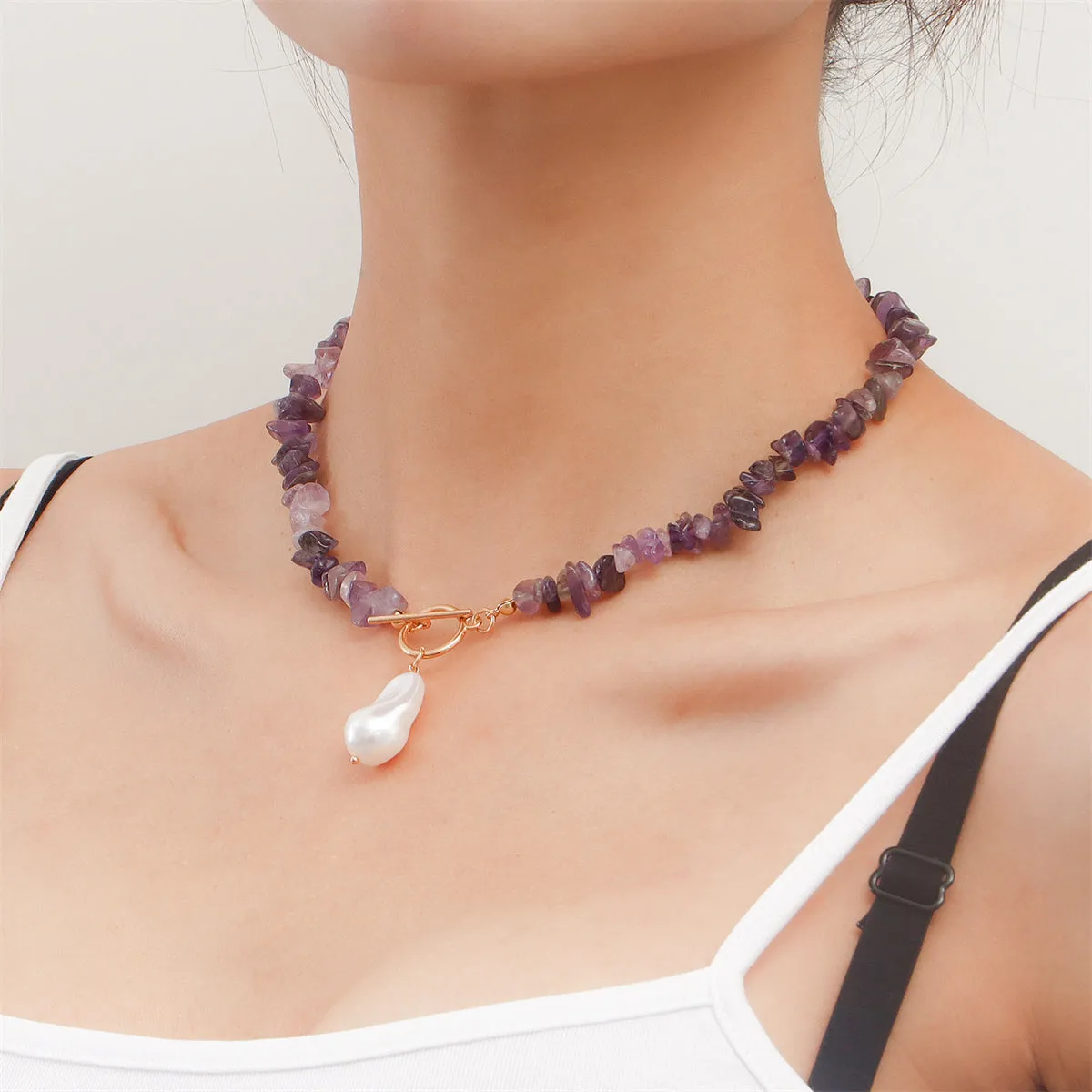 Purple Resin & Pearl Drop Toggle Necklace