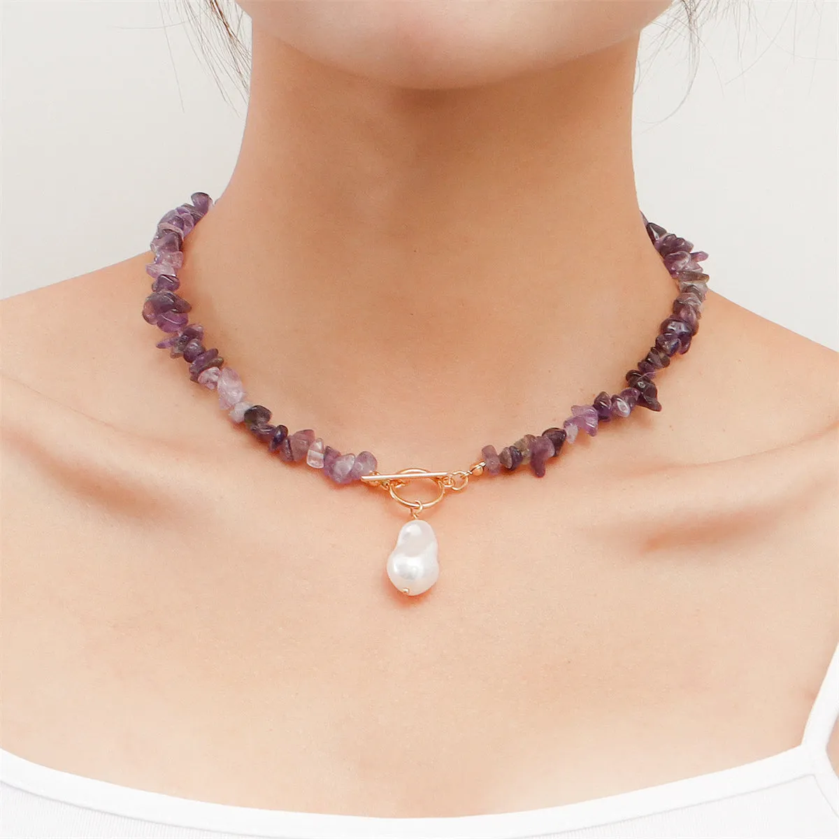 Purple Resin & Pearl Drop Toggle Necklace