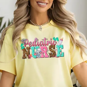"Vibrant Pediatric Nurse Animal-Themed T-Shirt"