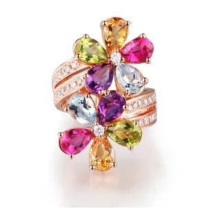 Rainbow Crystal & 18K Rose Gold-Plated Flower Band Ring