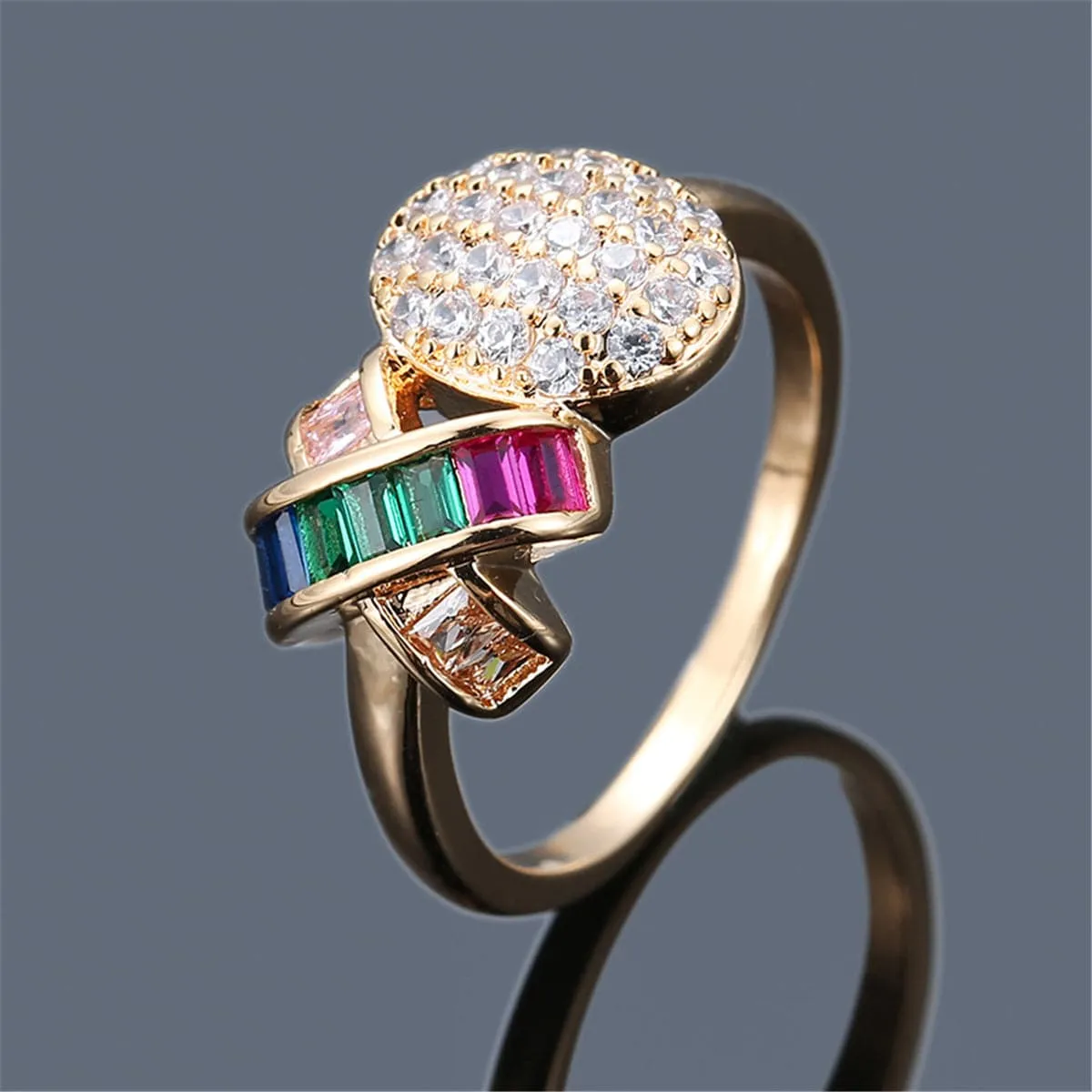 Rainbow Crystal & Cubic Zirconia Ball Ribbon Ring