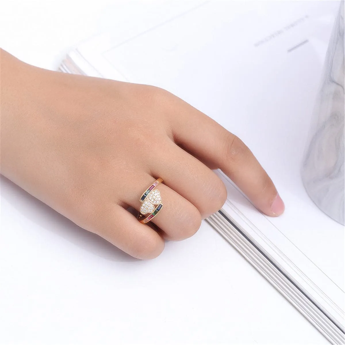 Rainbow Crystal & Cubic Zirconia Double-Heart Ring
