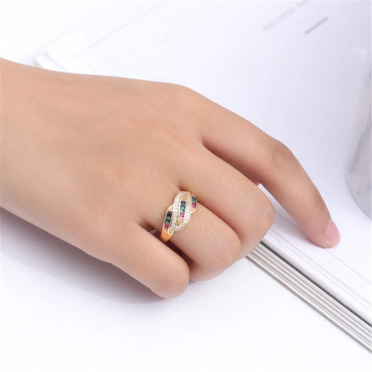 Rainbow Crystal & Cubic Zirconia Leaf Ring