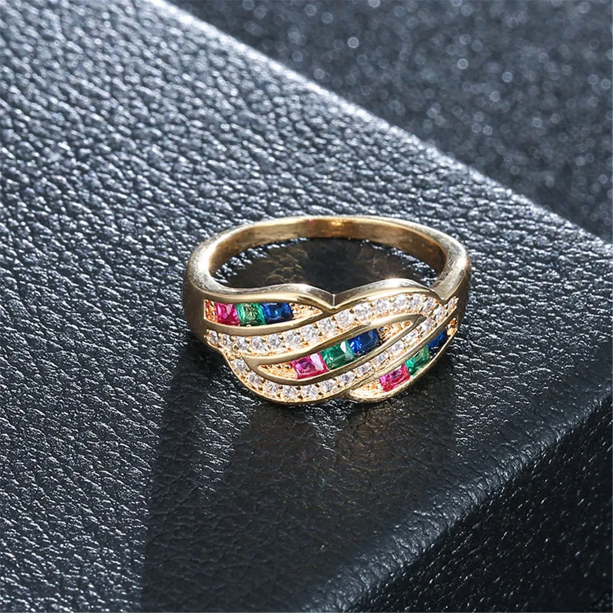 Rainbow Crystal & Cubic Zirconia Leaf Ring
