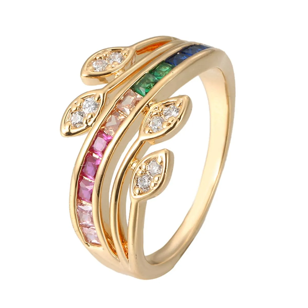 Rainbow Crystal & Cubic Zirconia Leaves Ring