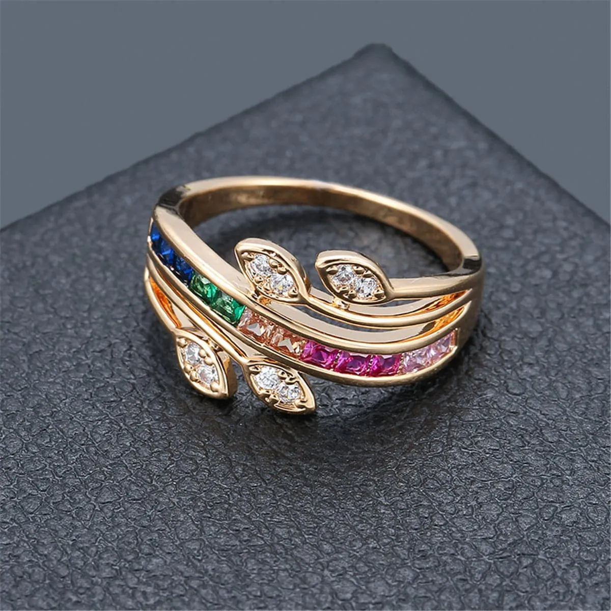 Rainbow Crystal & Cubic Zirconia Leaves Ring