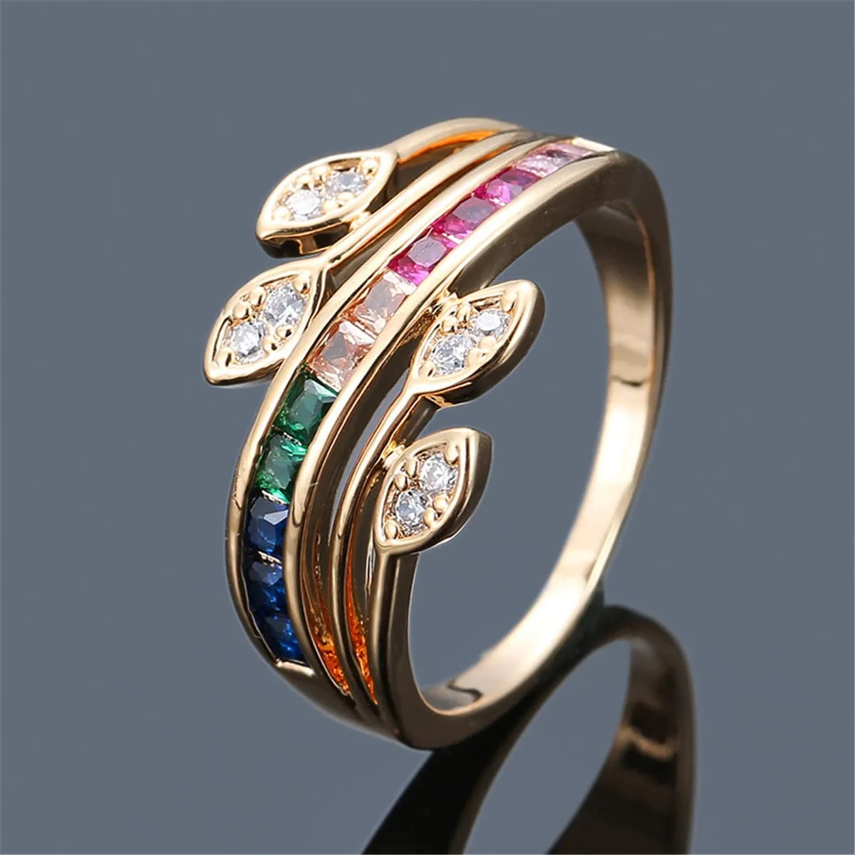 Rainbow Crystal & Cubic Zirconia Leaves Ring
