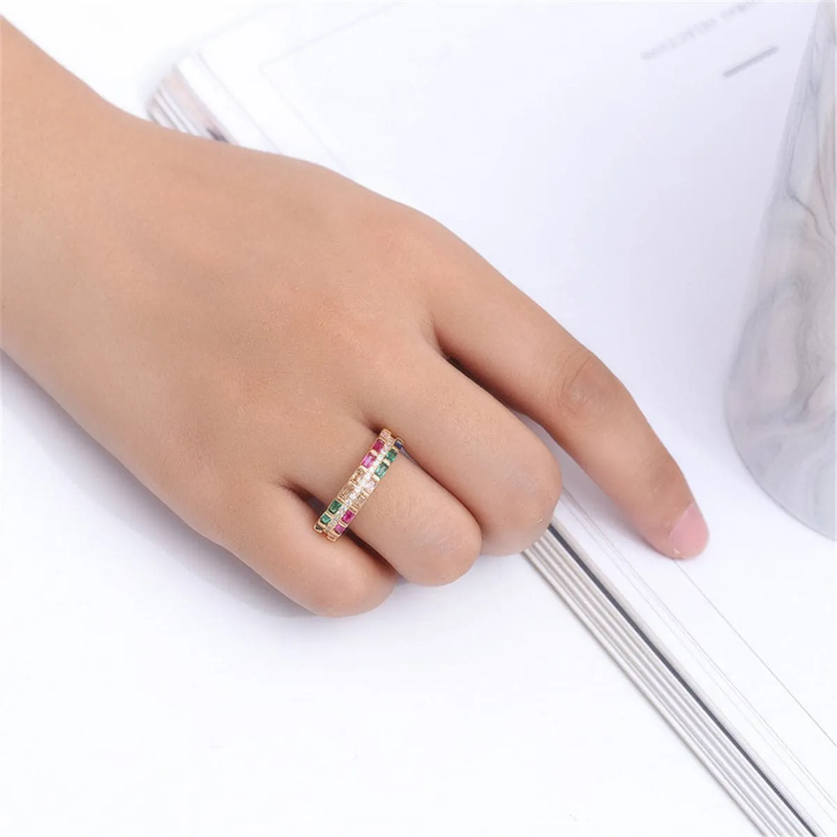 Rainbow Crystal & Cubic Zirconia Thin Band Ring
