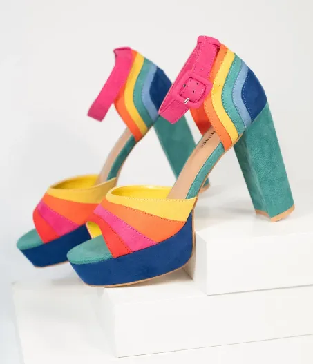 Rainbow Suede Peep Toe Pumps
