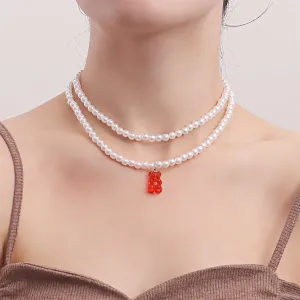 Red Acrylic & Pearl Bear Layered Pendant Necklace